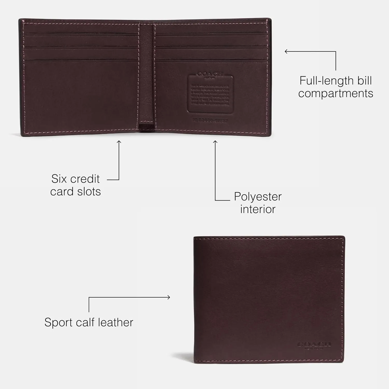 Coach Slim Billfold in Sport Calf, MAHOGANY, One Size