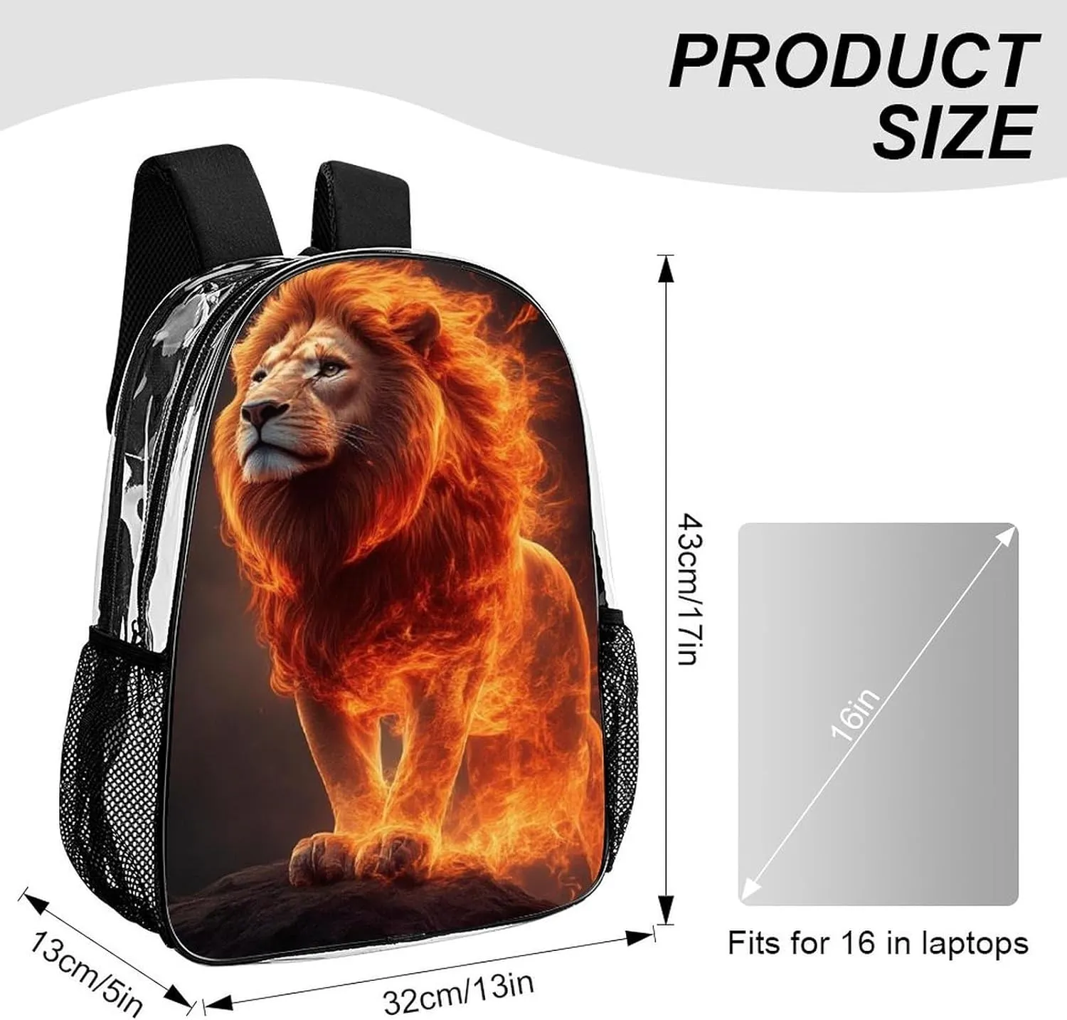 Cool Fire Flaming Lion Art Backpack Transparent Multipurpose Anti-Theft Shoulder Bag Big Capacity Gym Outdoor Hiking Backpack With Padded Straps