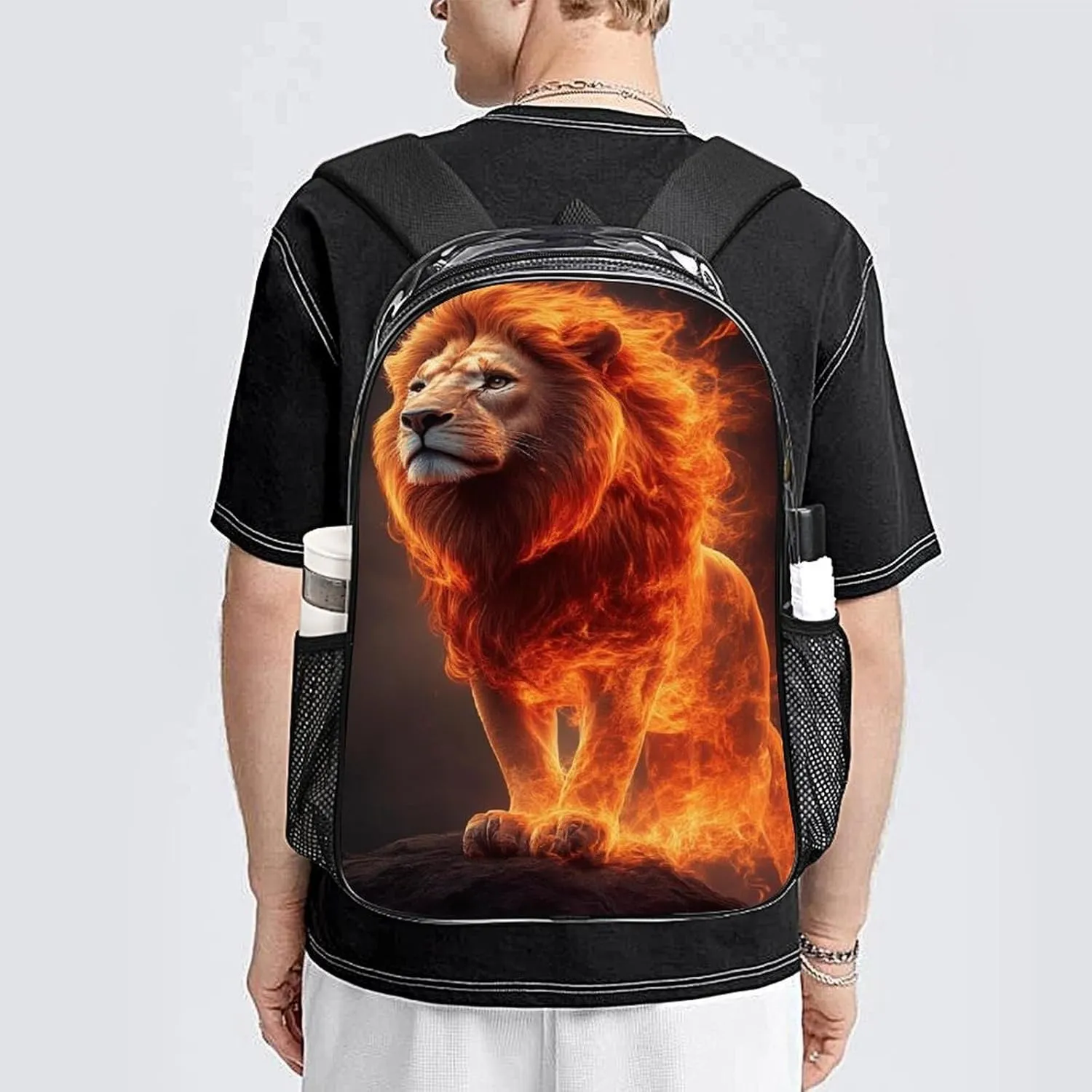 Cool Fire Flaming Lion Art Backpack Transparent Multipurpose Anti-Theft Shoulder Bag Big Capacity Gym Outdoor Hiking Backpack With Padded Straps
