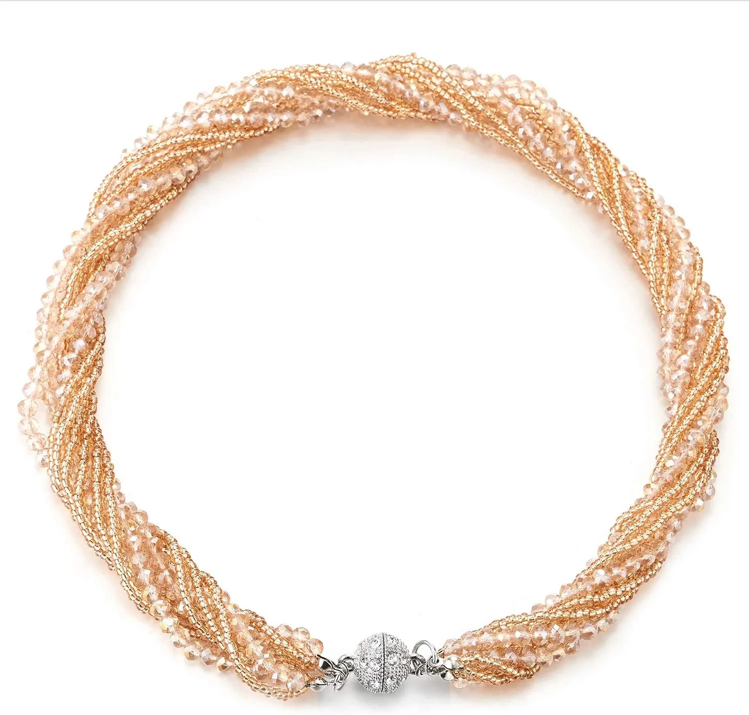 COOLSTEELANDBEYOND Multi-Layer Beads Crystal Braided Chain Choker Collar Magnetic Clasp,Statement Necklace, Bracelet
