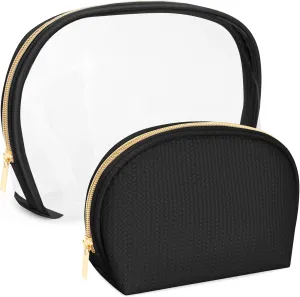 Cosmetic Bag for Women, Travel Makeup Bags 2 Pack, Waterproof Protable Toiletry Pouch Purse with Zipper, Clear Make up Organizer Case for Skincare Toiletries Accessories(Black)
