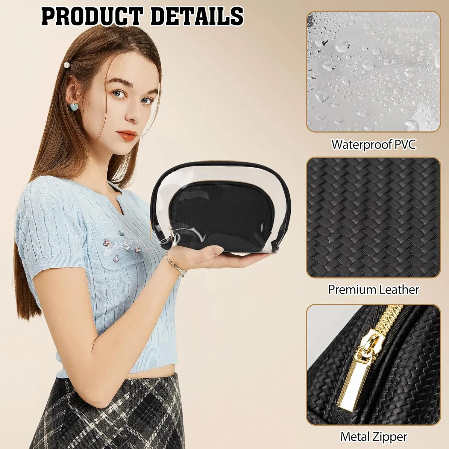 Cosmetic Bag for Women, Travel Makeup Bags 2 Pack, Waterproof Protable Toiletry Pouch Purse with Zipper, Clear Make up Organizer Case for Skincare Toiletries Accessories(Black)