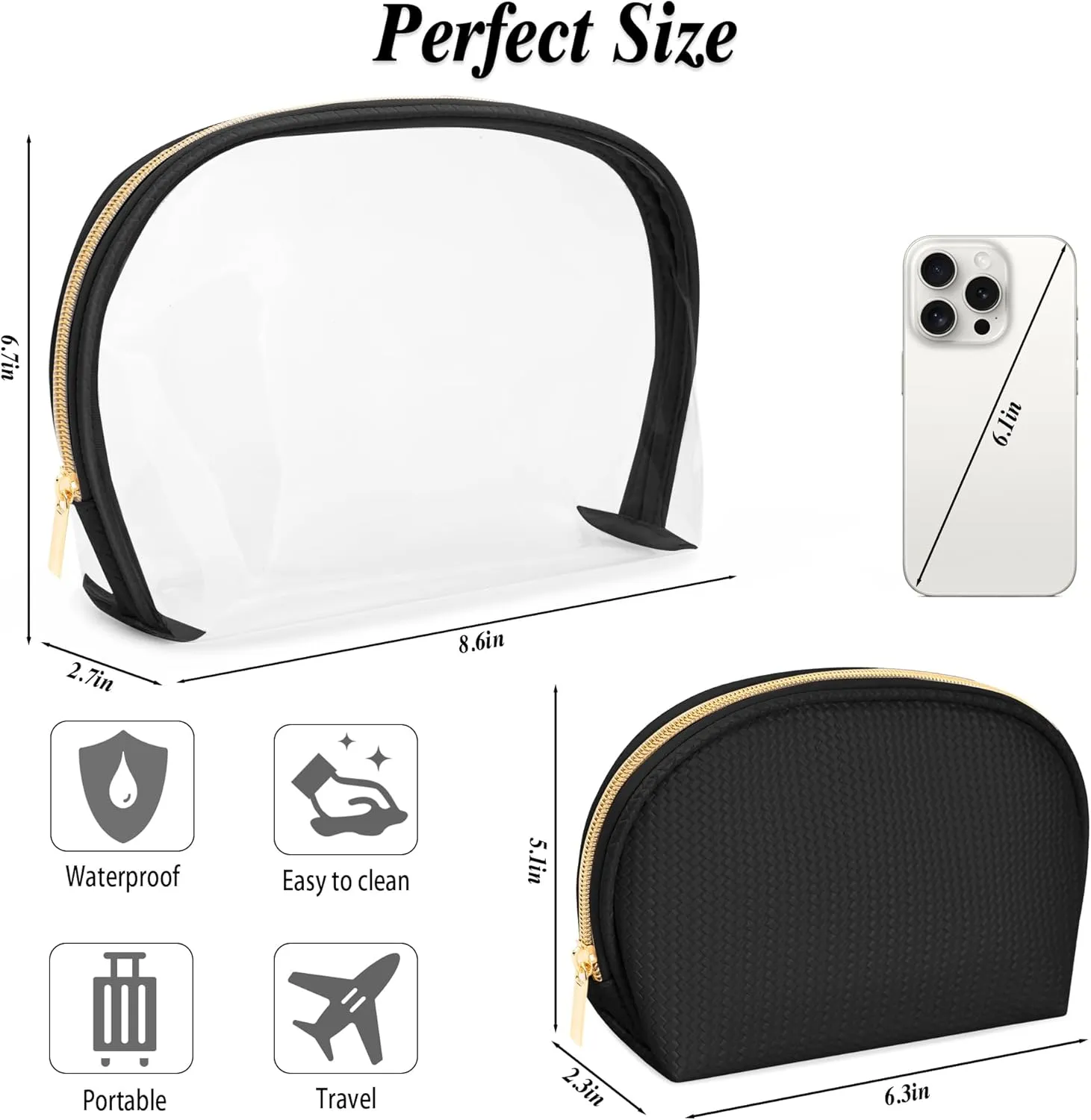 Cosmetic Bag for Women, Travel Makeup Bags 2 Pack, Waterproof Protable Toiletry Pouch Purse with Zipper, Clear Make up Organizer Case for Skincare Toiletries Accessories(Black)