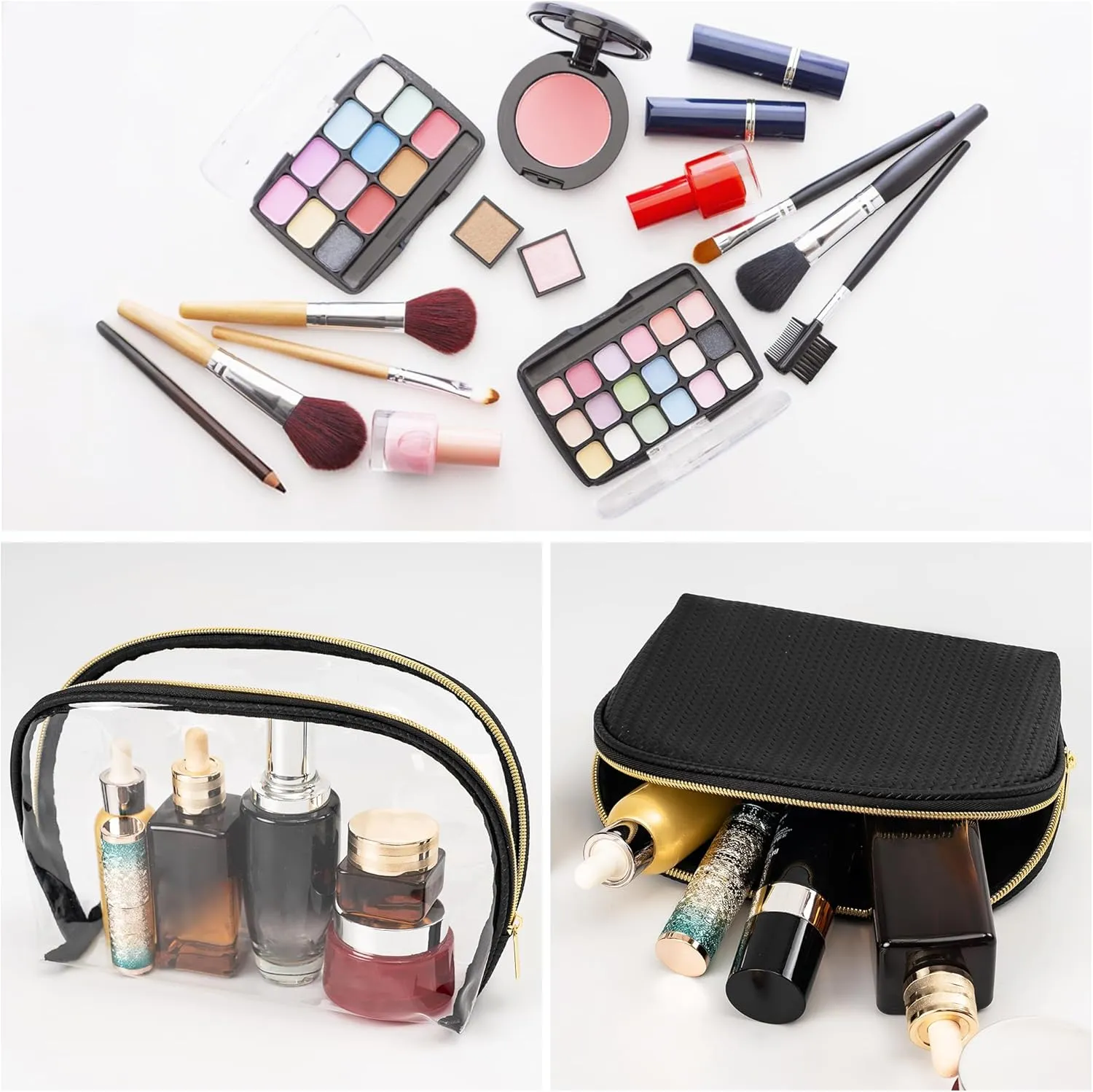 Cosmetic Bag for Women, Travel Makeup Bags 2 Pack, Waterproof Protable Toiletry Pouch Purse with Zipper, Clear Make up Organizer Case for Skincare Toiletries Accessories(Black)