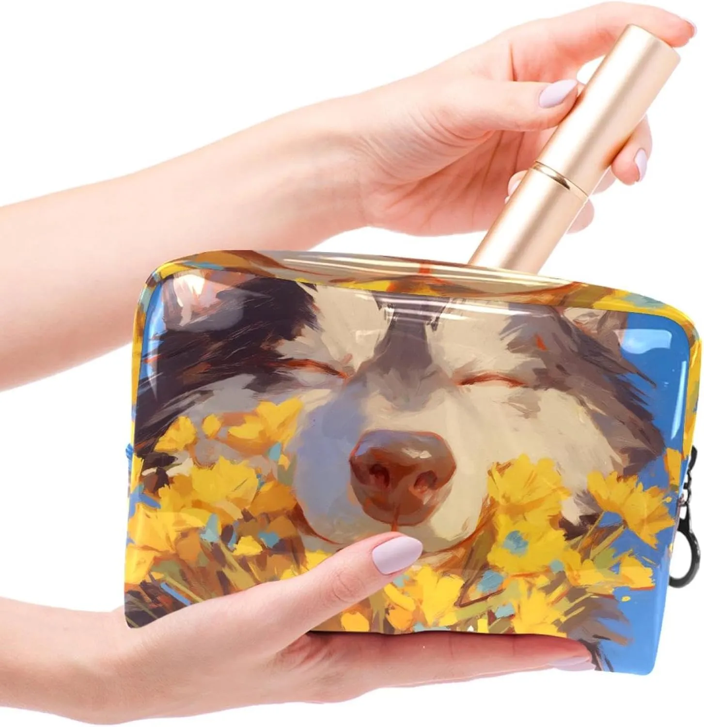 Cosmetic Bag Husky Yellow Flower Travel Makeup Bag Portable Travel Toiletry Bag Makeup Organizer Bag 7.3x3x5.1in