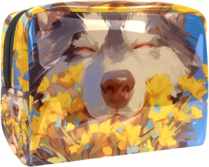 Cosmetic Bag Husky Yellow Flower Travel Makeup Bag Portable Travel Toiletry Bag Makeup Organizer Bag 7.3x3x5.1in