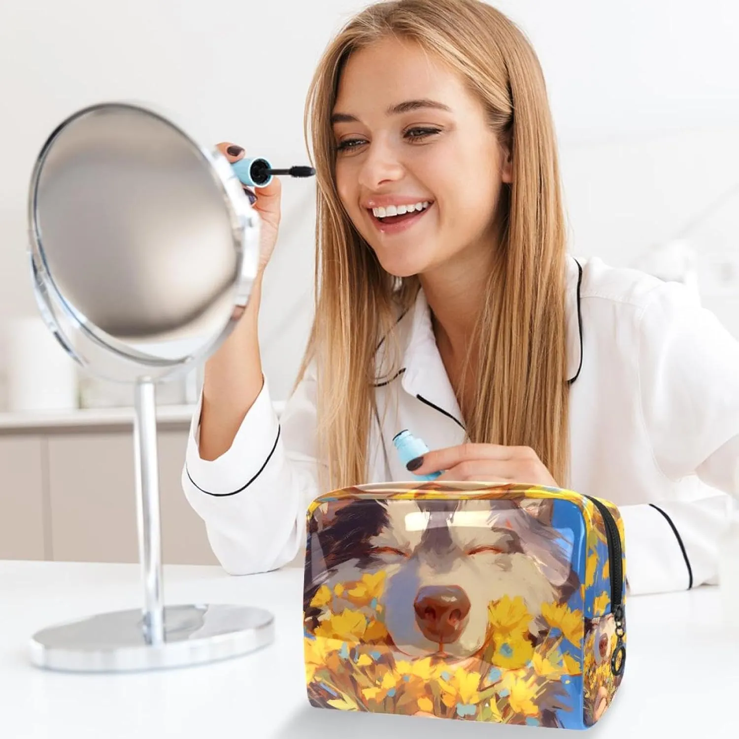Cosmetic Bag Husky Yellow Flower Travel Makeup Bag Portable Travel Toiletry Bag Makeup Organizer Bag 7.3x3x5.1in