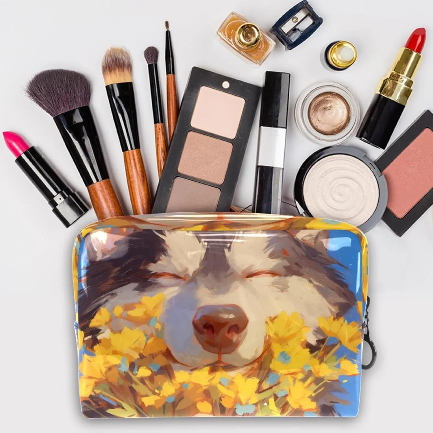 Cosmetic Bag Husky Yellow Flower Travel Makeup Bag Portable Travel Toiletry Bag Makeup Organizer Bag 7.3x3x5.1in