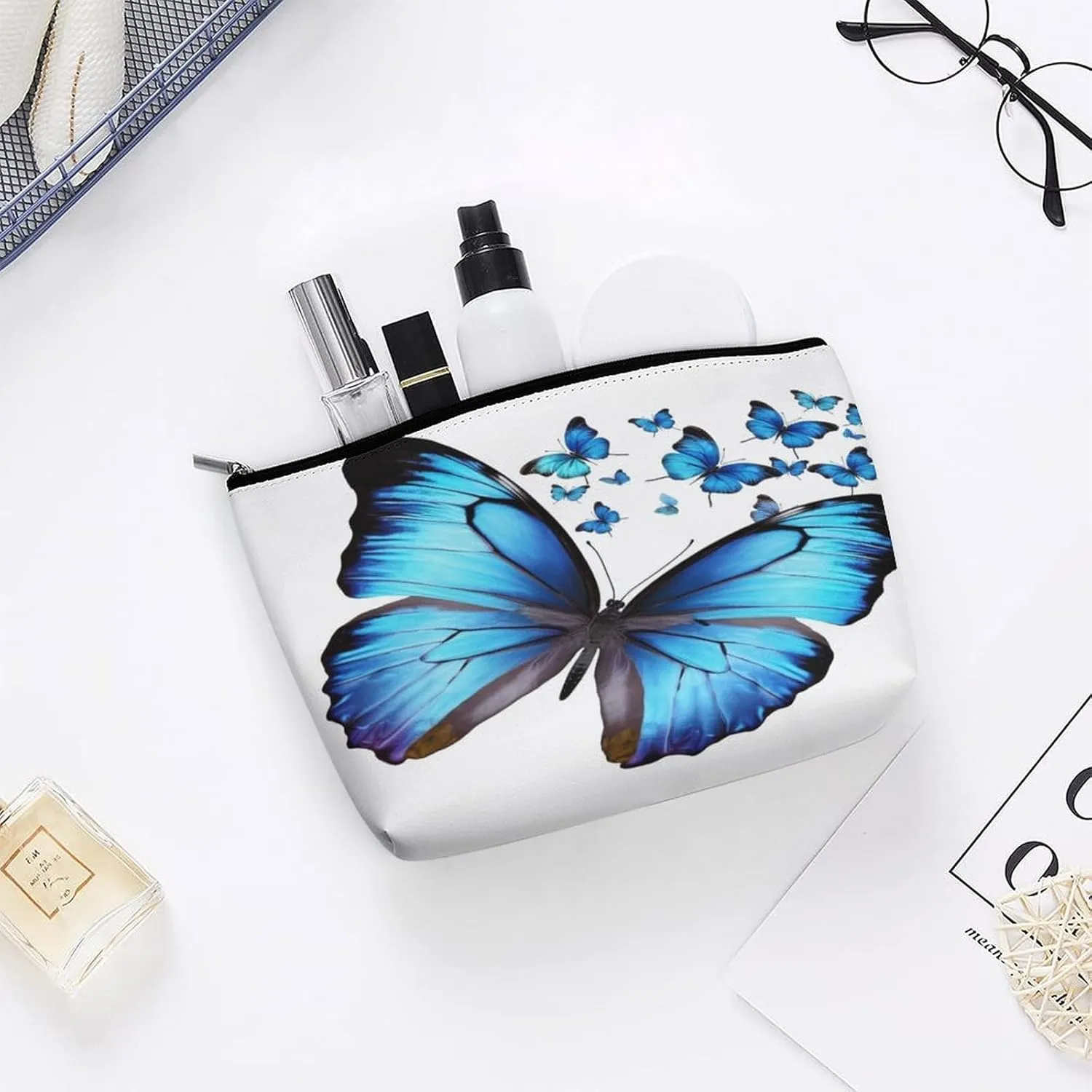 Cosmetic Bag Travel Makeup Bag Waterproof Toiletry Bag Blue Butterfly Makeup Organizer Case Portable Toiletry Pouch Large Capacity Zipper Pouch for Women Men