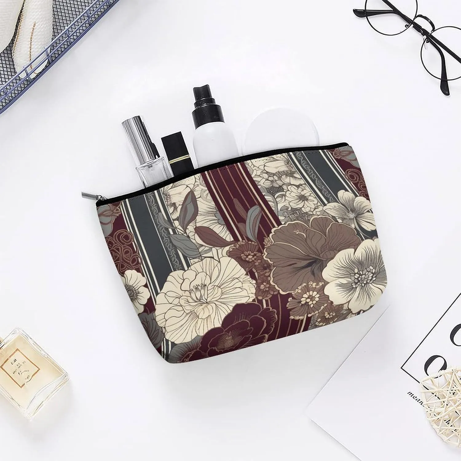 Cosmetic Bag Travel Makeup Bag Waterproof Toiletry Bag Gray And Maroon Makeup Organizer Case Portable Toiletry Pouch Large Capacity Zipper Pouch for Women Men