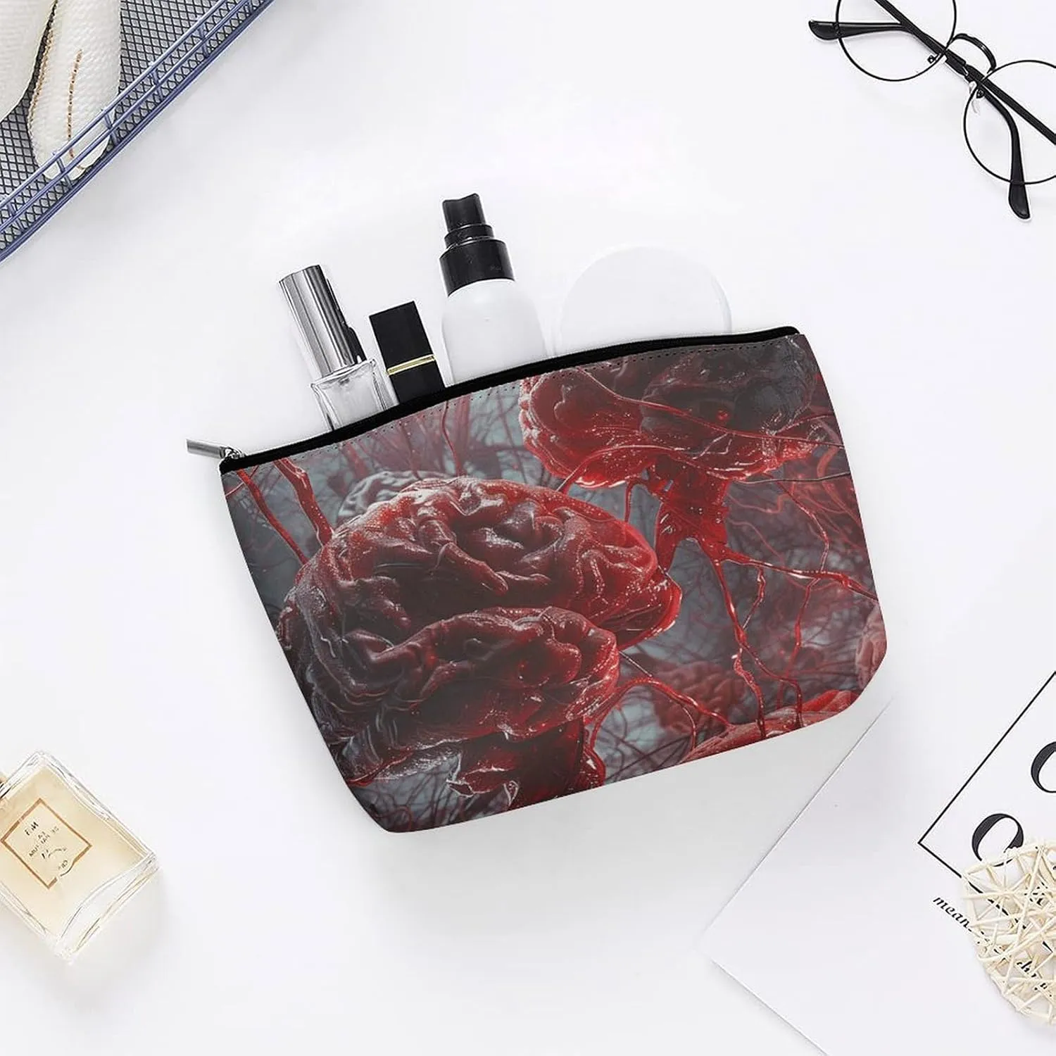 Cosmetic Bag Travel Makeup Bag Waterproof Toiletry Bag Red Brain Nerve Makeup Organizer Case Portable Toiletry Pouch Large Capacity Zipper Pouch for Women Men