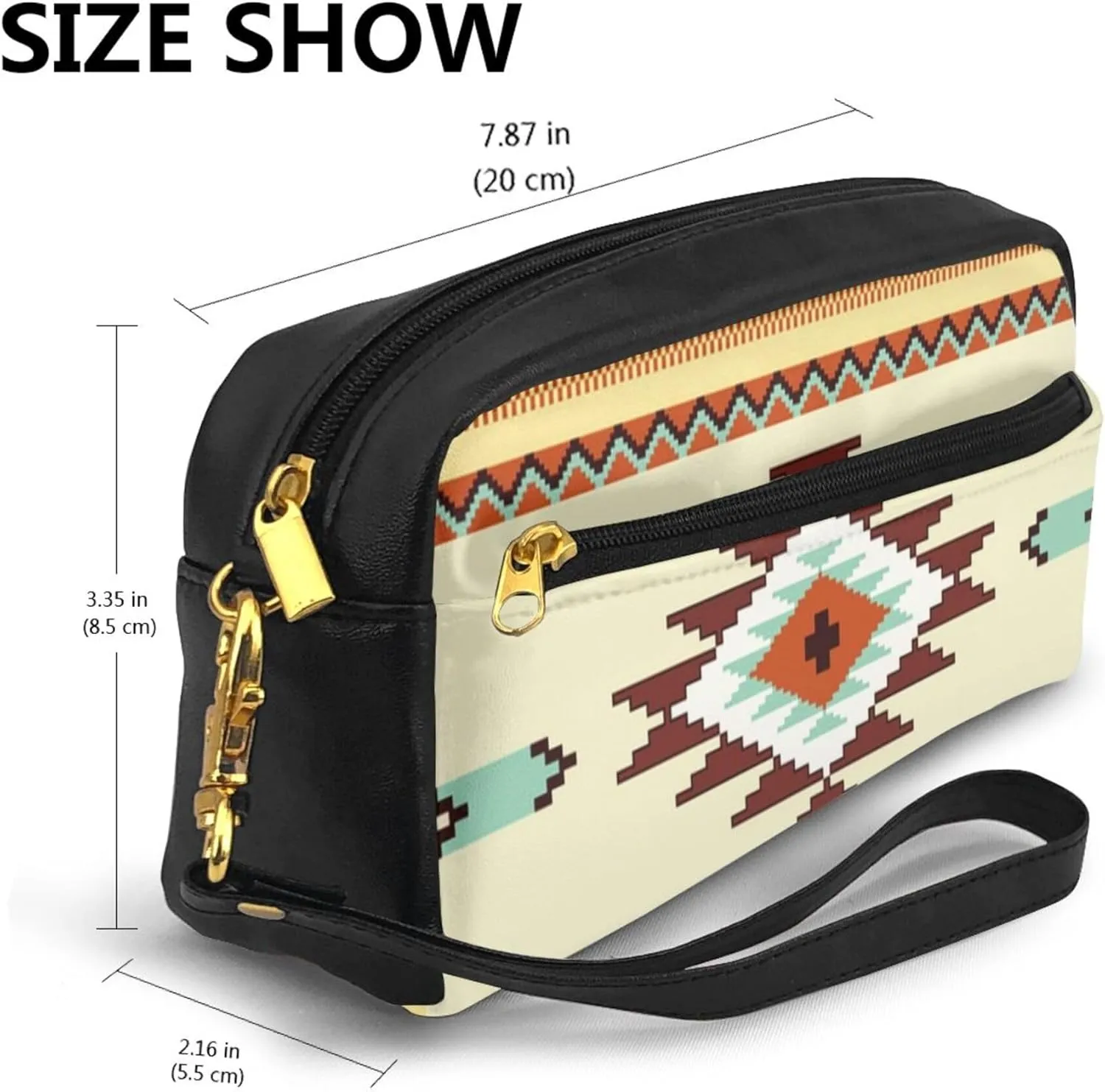 Cosmetic Pouch Travel Clutch Makeup Bag Pencil Case Purse with Wristlet Hanging Strap, PU Leather Cosmetic Bag Case Compatible with Ethnic Geometric Pattern Mexican Tribal