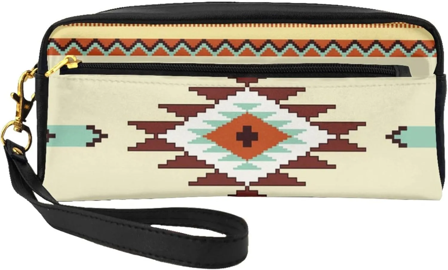 Cosmetic Pouch Travel Clutch Makeup Bag Pencil Case Purse with Wristlet Hanging Strap, PU Leather Cosmetic Bag Case Compatible with Ethnic Geometric Pattern Mexican Tribal