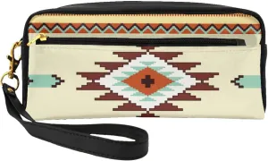Cosmetic Pouch Travel Clutch Makeup Bag Pencil Case Purse with Wristlet Hanging Strap, PU Leather Cosmetic Bag Case Compatible with Ethnic Geometric Pattern Mexican Tribal