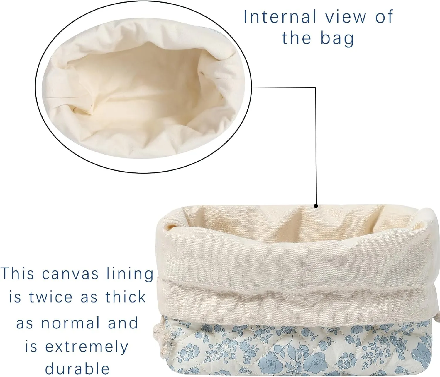 Cotton Quilted Drawstring Makeup Bag with Canvas Lining,Coquette Aesthetic Cute Travel Toiletry Bag,Drawstring Gift Bag for Women and Girls（11Blue Flower）