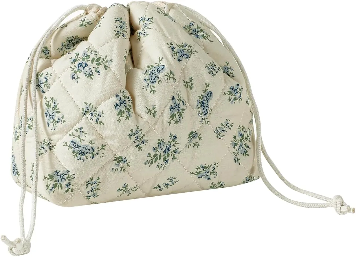 Cotton Quilted Drawstring Makeup Bag with Canvas Lining,Coquette Aesthetic Cute Travel Toiletry Bag,Drawstring Gift Bag for Women and Girls（11Blue Flower）