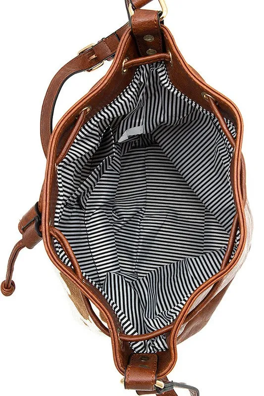 COW PRINT DRAWSTRING SHOULDER BAG