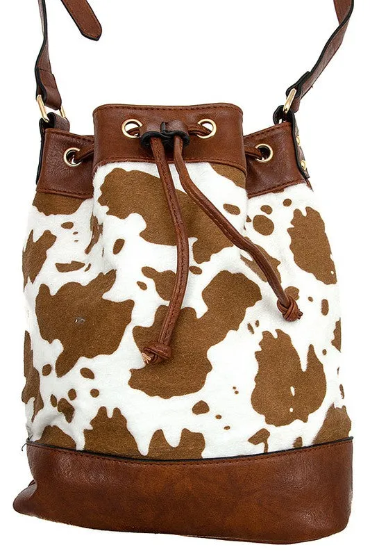 COW PRINT DRAWSTRING SHOULDER BAG