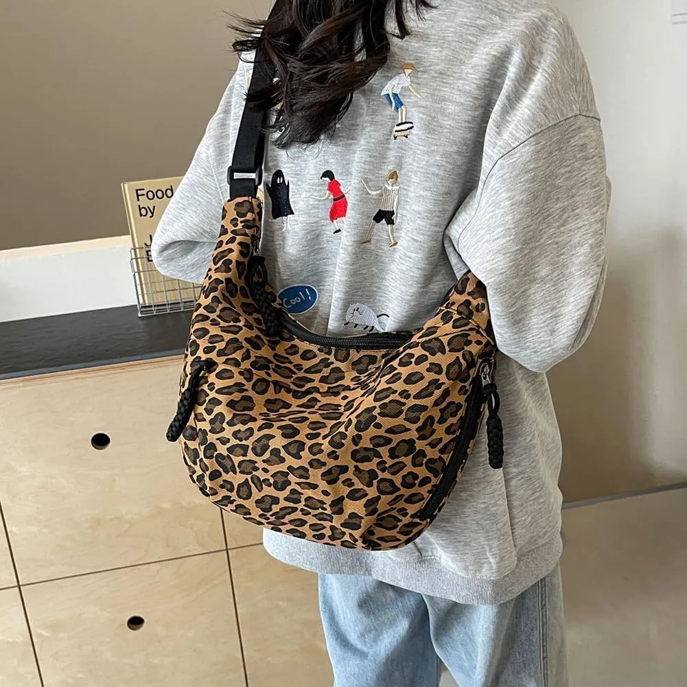 Crescent Crossbody for Women, Fashion Leopard Shoulder Nylon Luna Dumpling Moon Hobo Bag