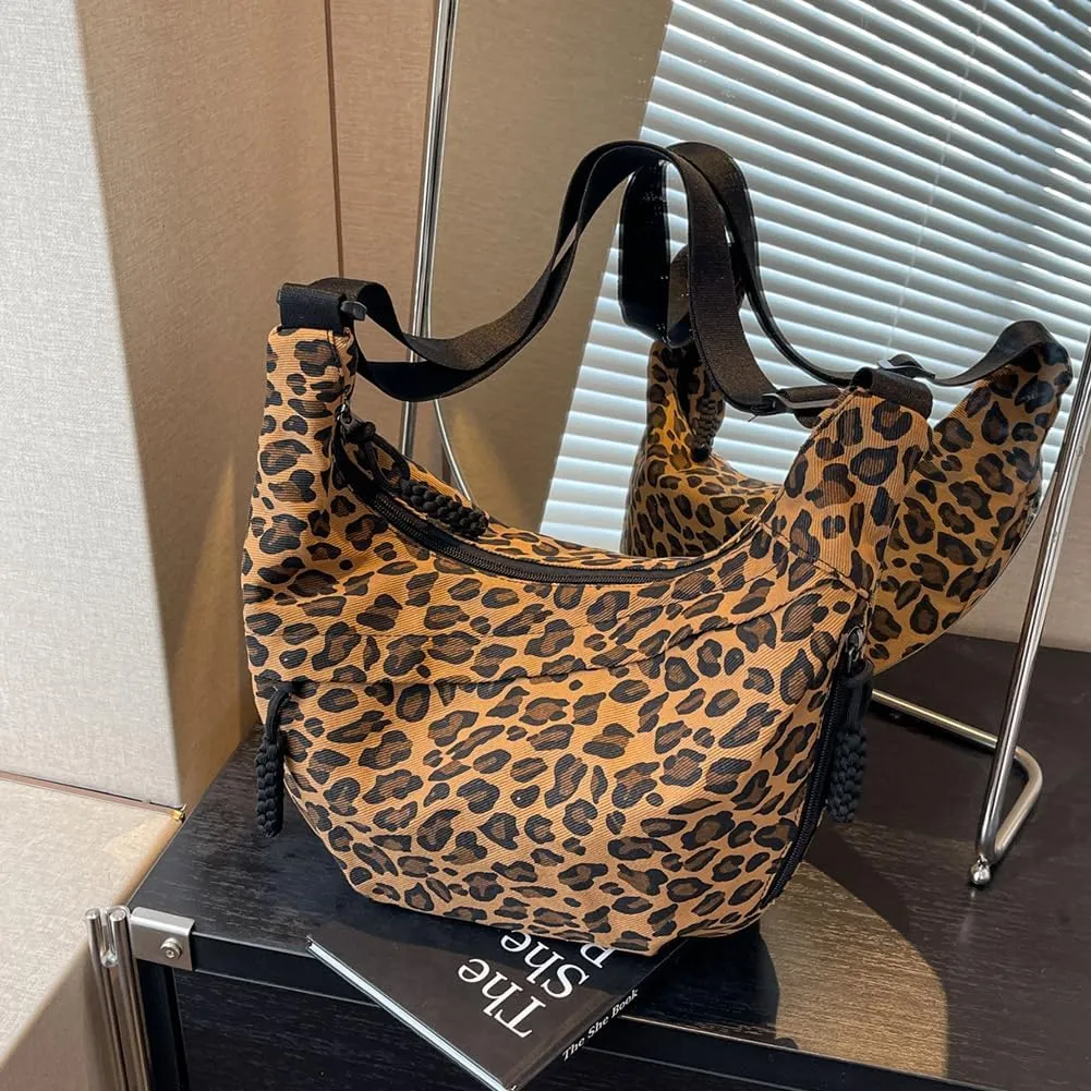 Crescent Crossbody for Women, Fashion Leopard Shoulder Nylon Luna Dumpling Moon Hobo Bag