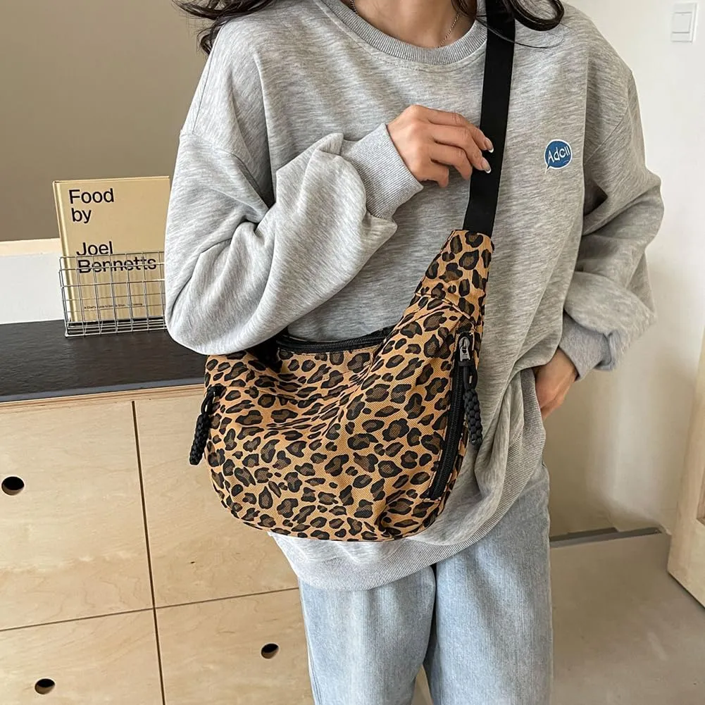 Crescent Crossbody for Women, Fashion Leopard Shoulder Nylon Luna Dumpling Moon Hobo Bag