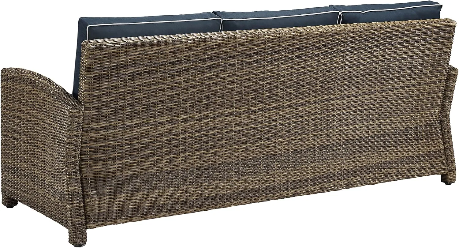 Crosley Furniture Bradenton Wicker Outdoor Sofa, 3-Person Patio Couch for Porch, Deck, Backyard, Brown with Navy Cushions