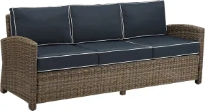 Crosley Furniture Bradenton Wicker Outdoor Sofa, 3-Person Patio Couch for Porch, Deck, Backyard, Brown with Navy Cushions
