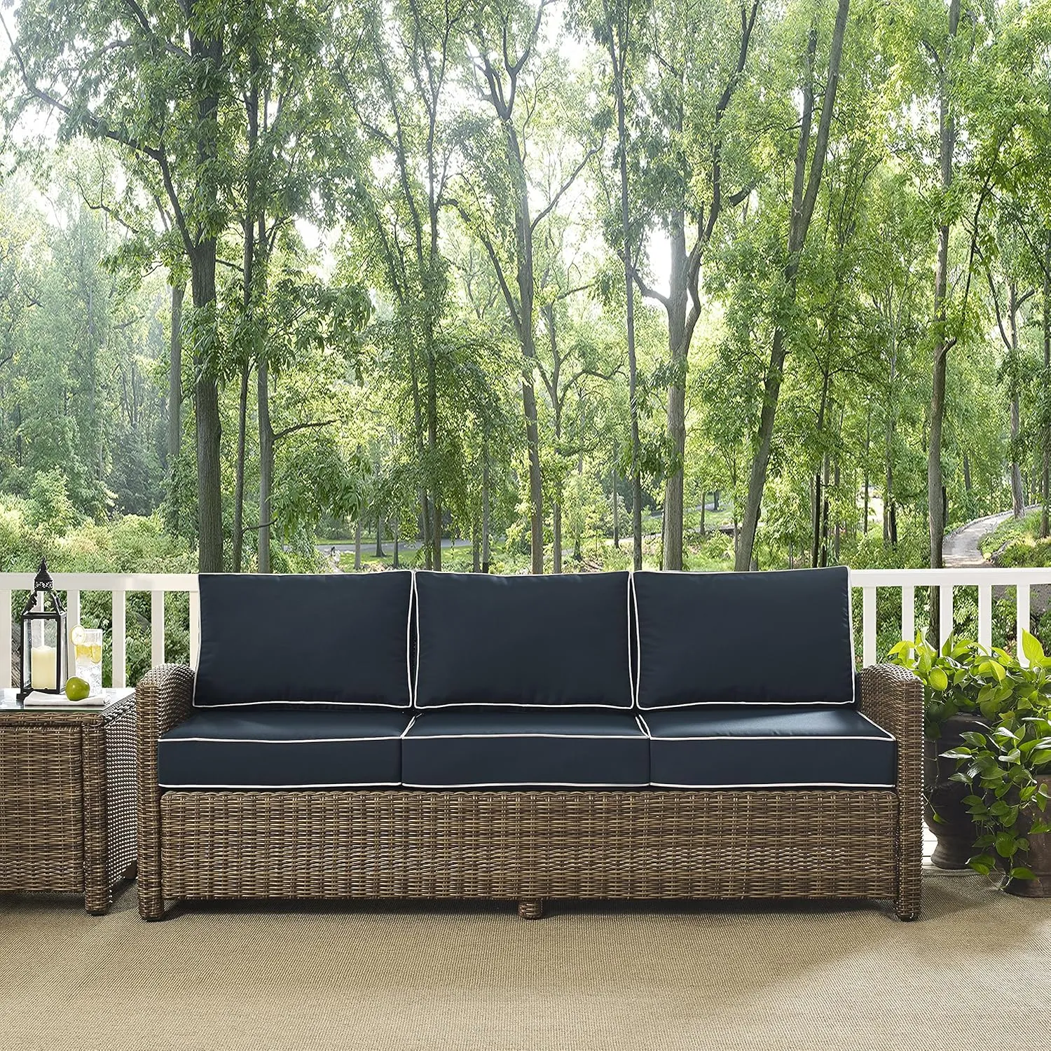 Crosley Furniture Bradenton Wicker Outdoor Sofa, 3-Person Patio Couch for Porch, Deck, Backyard, Brown with Navy Cushions