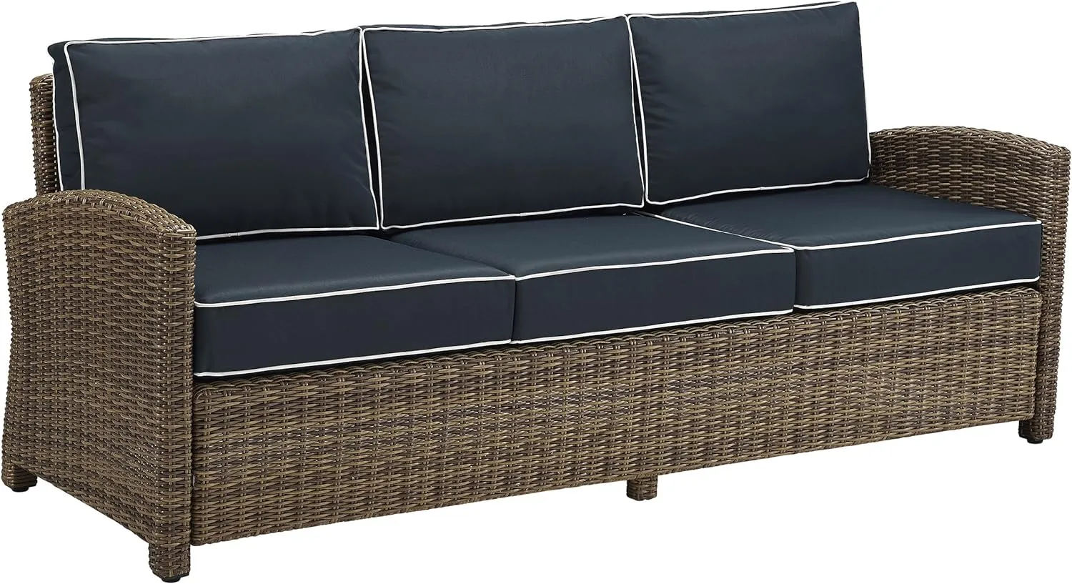 Crosley Furniture Bradenton Wicker Outdoor Sofa, 3-Person Patio Couch for Porch, Deck, Backyard, Brown with Navy Cushions