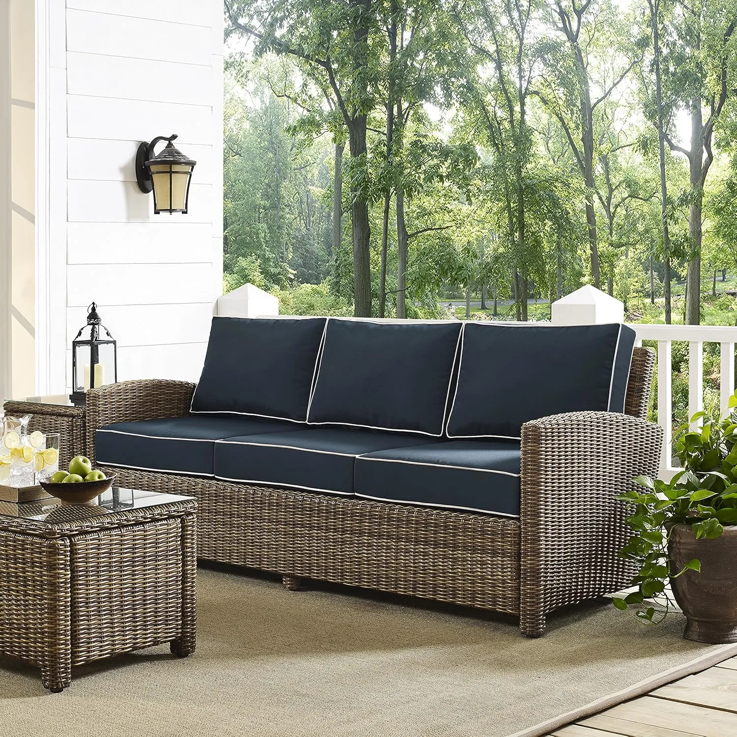 Crosley Furniture Bradenton Wicker Outdoor Sofa, 3-Person Patio Couch for Porch, Deck, Backyard, Brown with Navy Cushions