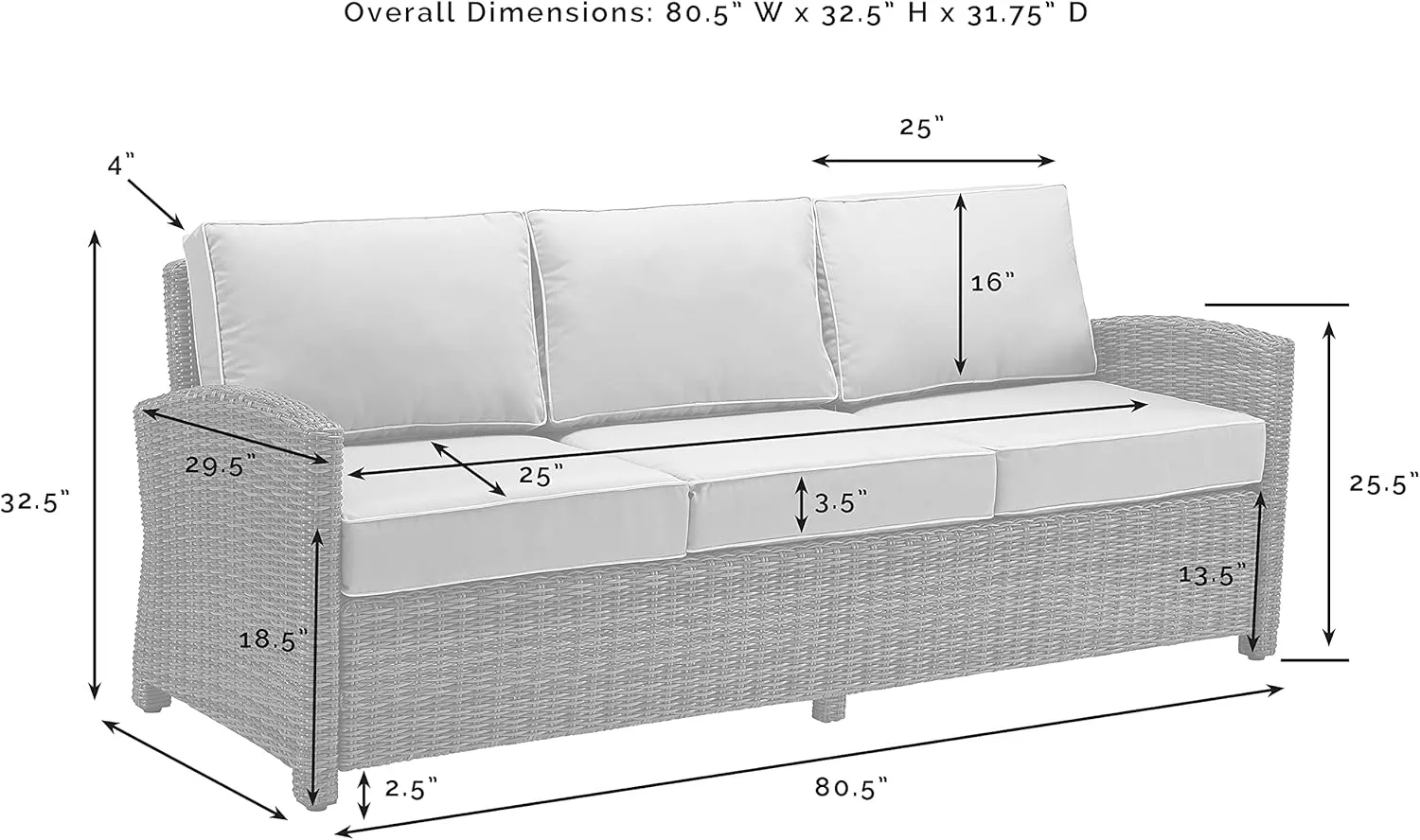 Crosley Furniture Bradenton Wicker Outdoor Sofa, 3-Person Patio Couch for Porch, Deck, Backyard, Brown with Navy Cushions