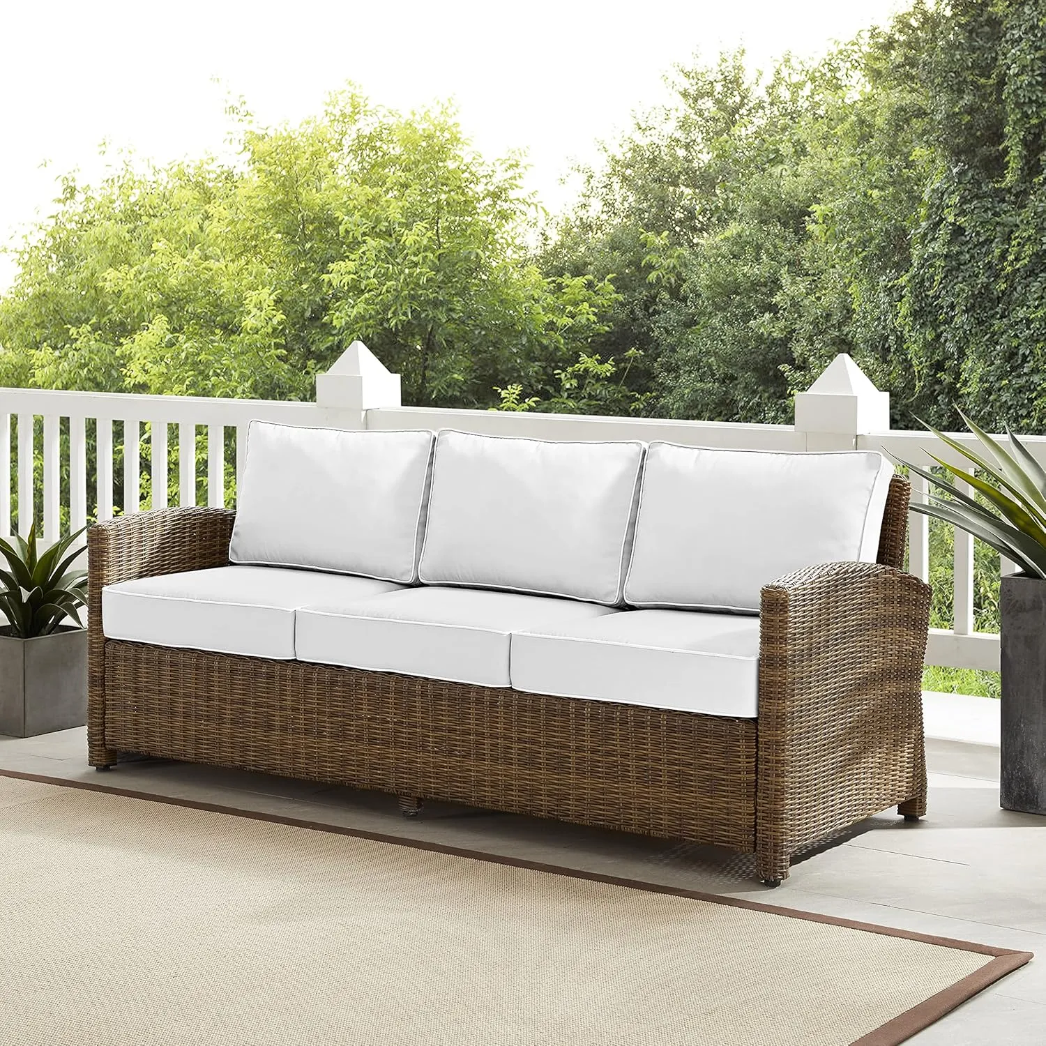 Crosley Furniture Bradenton Wicker Outdoor Sofa, 3-Person Patio Couch with Sunbrella Cushions, Brown with Sunbrella Cushions