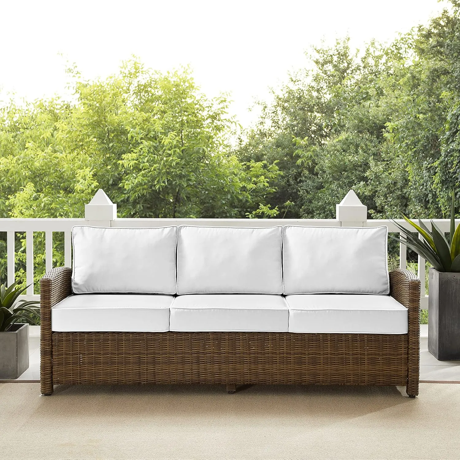 Crosley Furniture Bradenton Wicker Outdoor Sofa, 3-Person Patio Couch with Sunbrella Cushions, Brown with Sunbrella Cushions