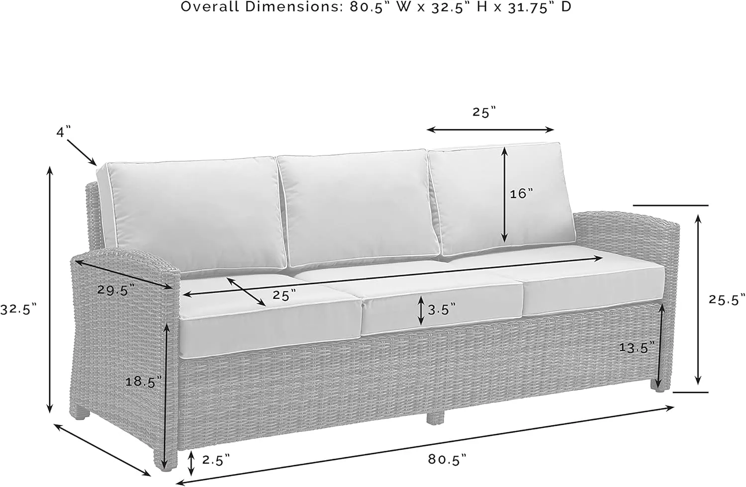 Crosley Furniture Bradenton Wicker Outdoor Sofa, 3-Person Patio Couch with Sunbrella Cushions, Gray with Sunbrella Cushions