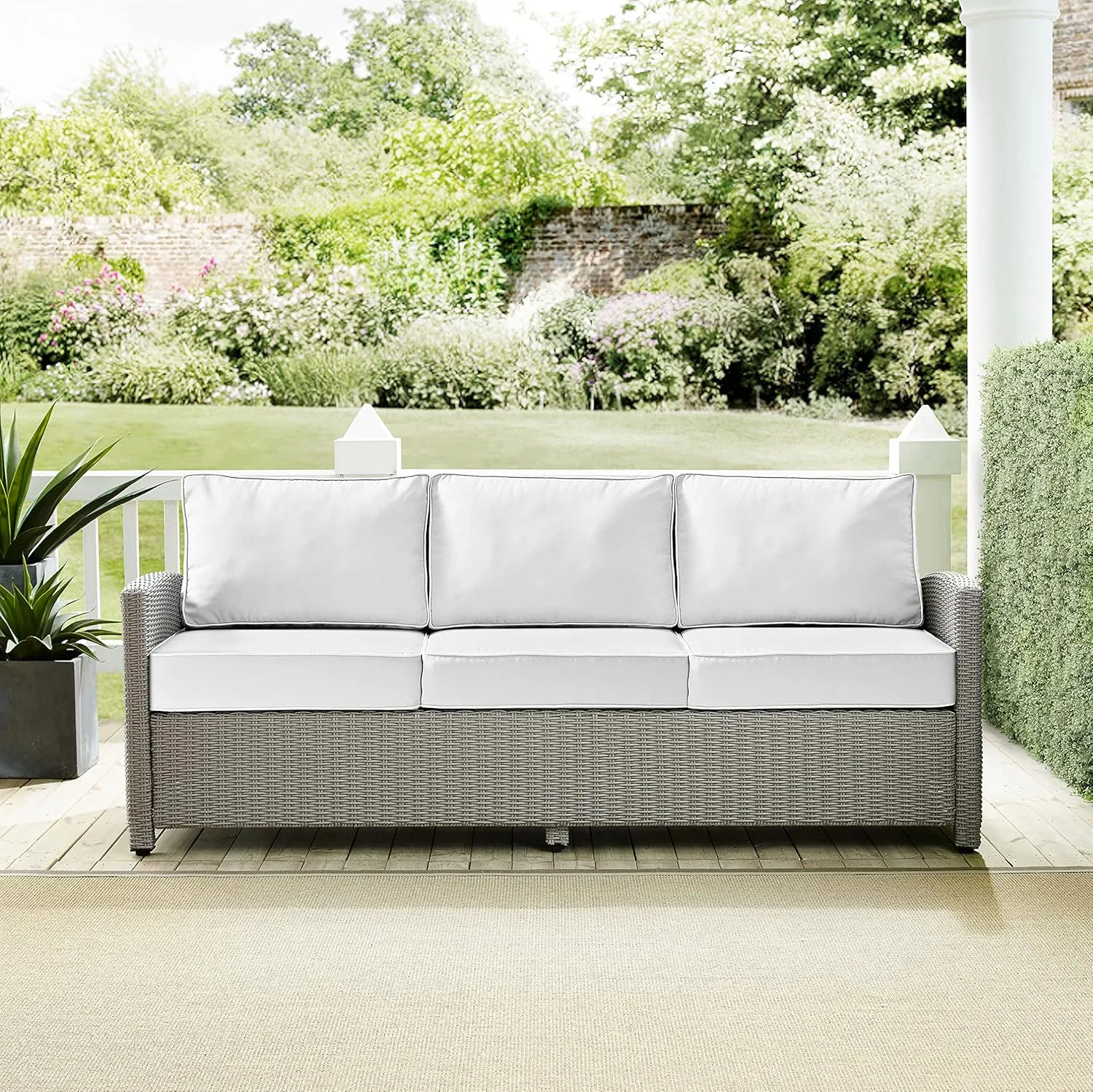 Crosley Furniture Bradenton Wicker Outdoor Sofa, 3-Person Patio Couch with Sunbrella Cushions, Gray with Sunbrella Cushions