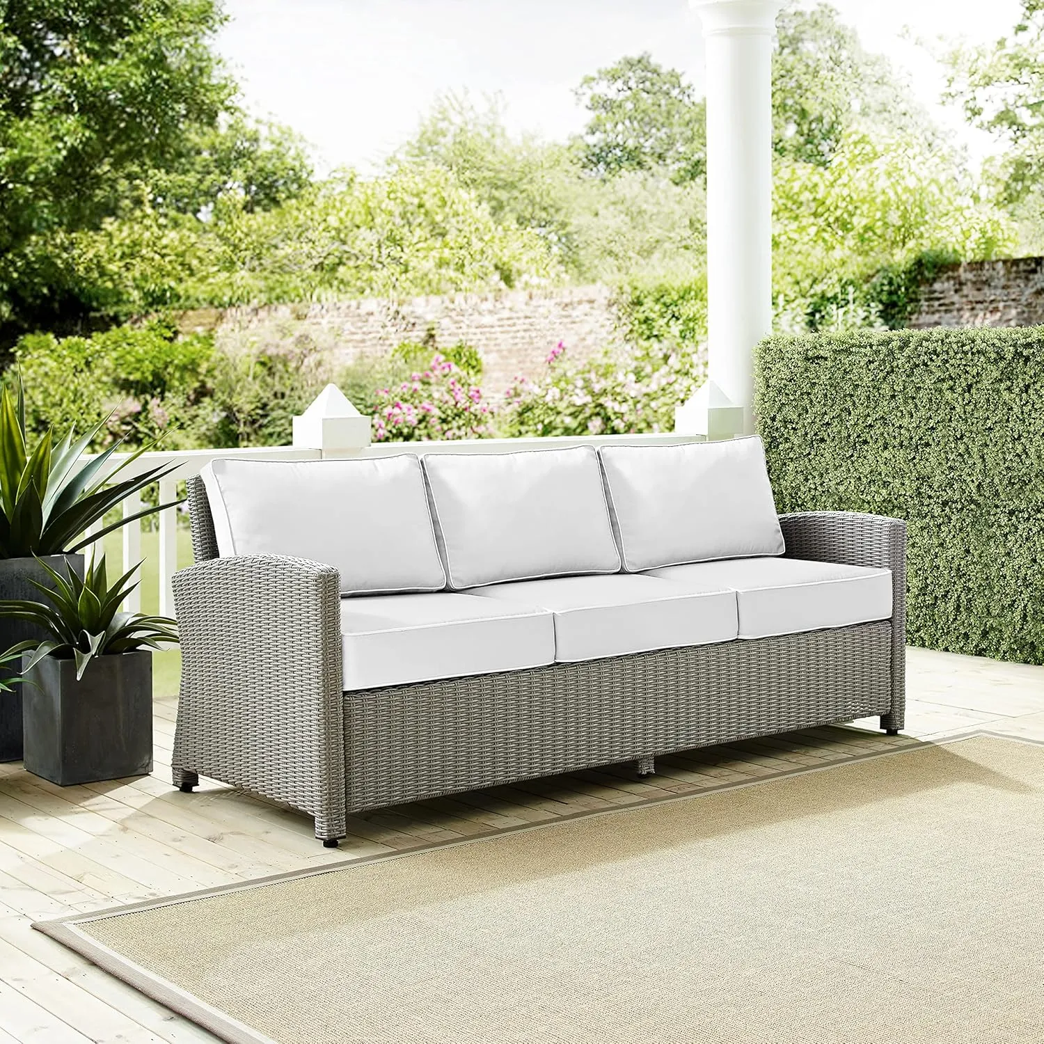 Crosley Furniture Bradenton Wicker Outdoor Sofa, 3-Person Patio Couch with Sunbrella Cushions, Gray with Sunbrella Cushions