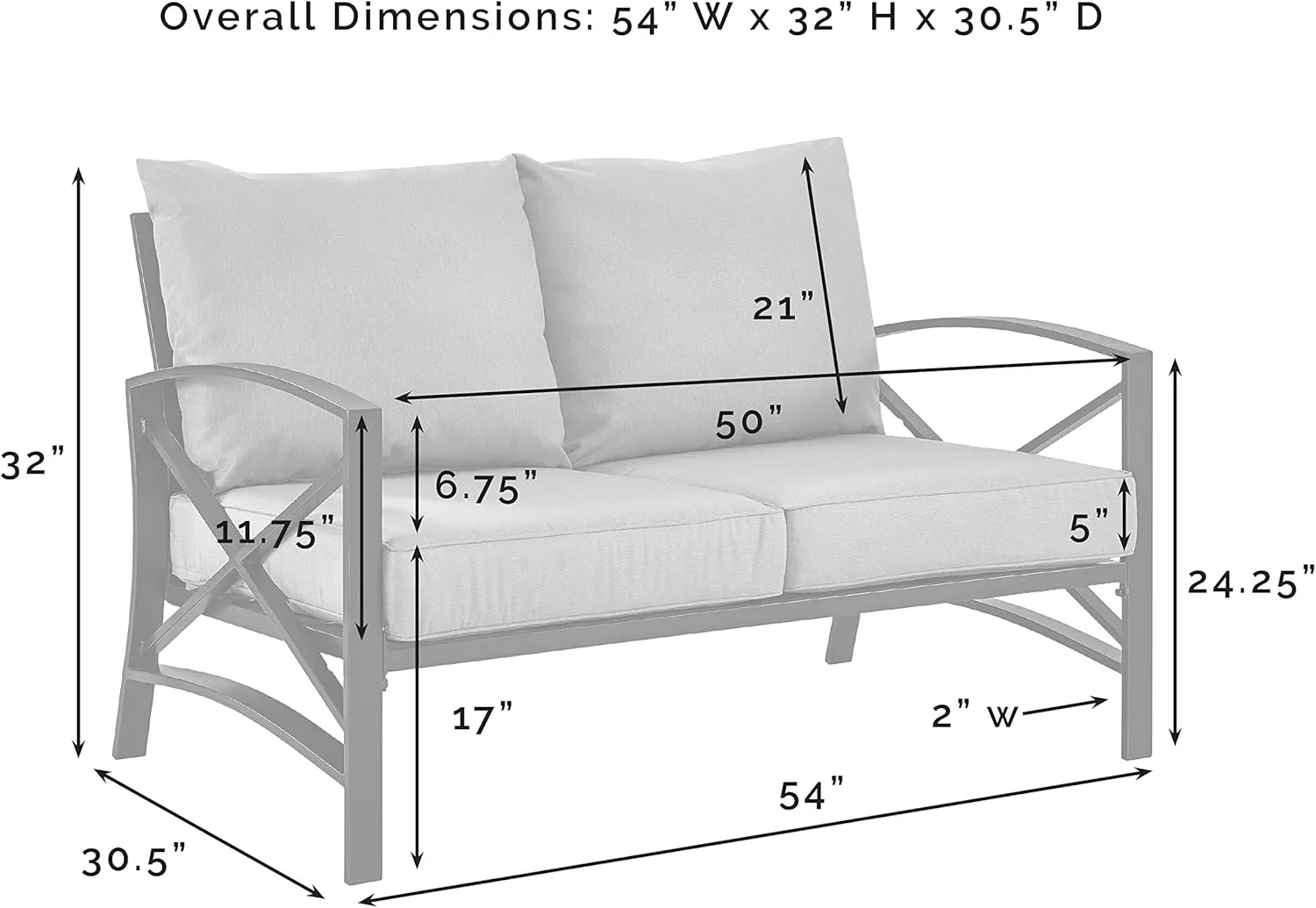 Crosley Furniture Kaplan Outdoor Loveseat, 2-Person Patio Couch for Porch, Deck, Backyard, Balcony, White with Gray Cushions