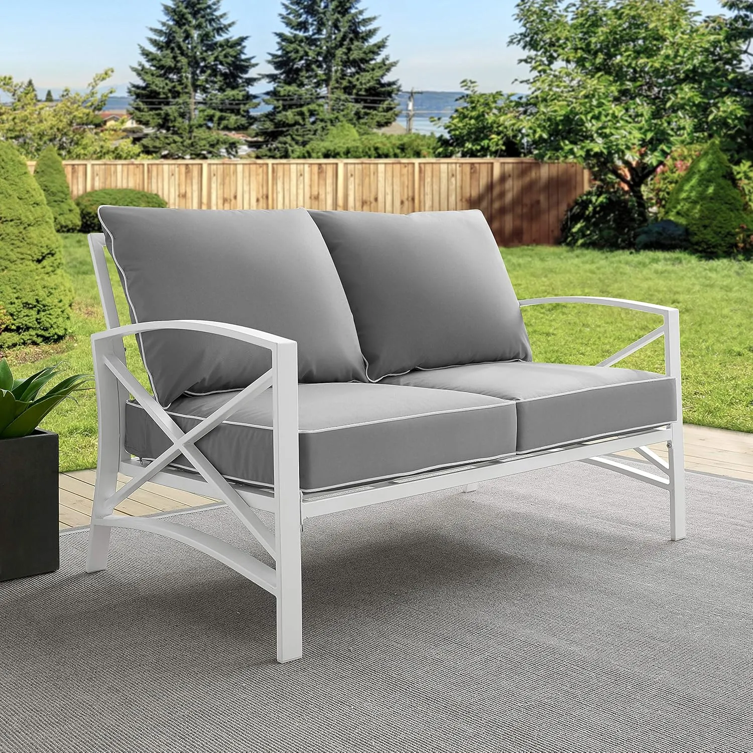 Crosley Furniture Kaplan Outdoor Loveseat, 2-Person Patio Couch for Porch, Deck, Backyard, Balcony, White with Gray Cushions