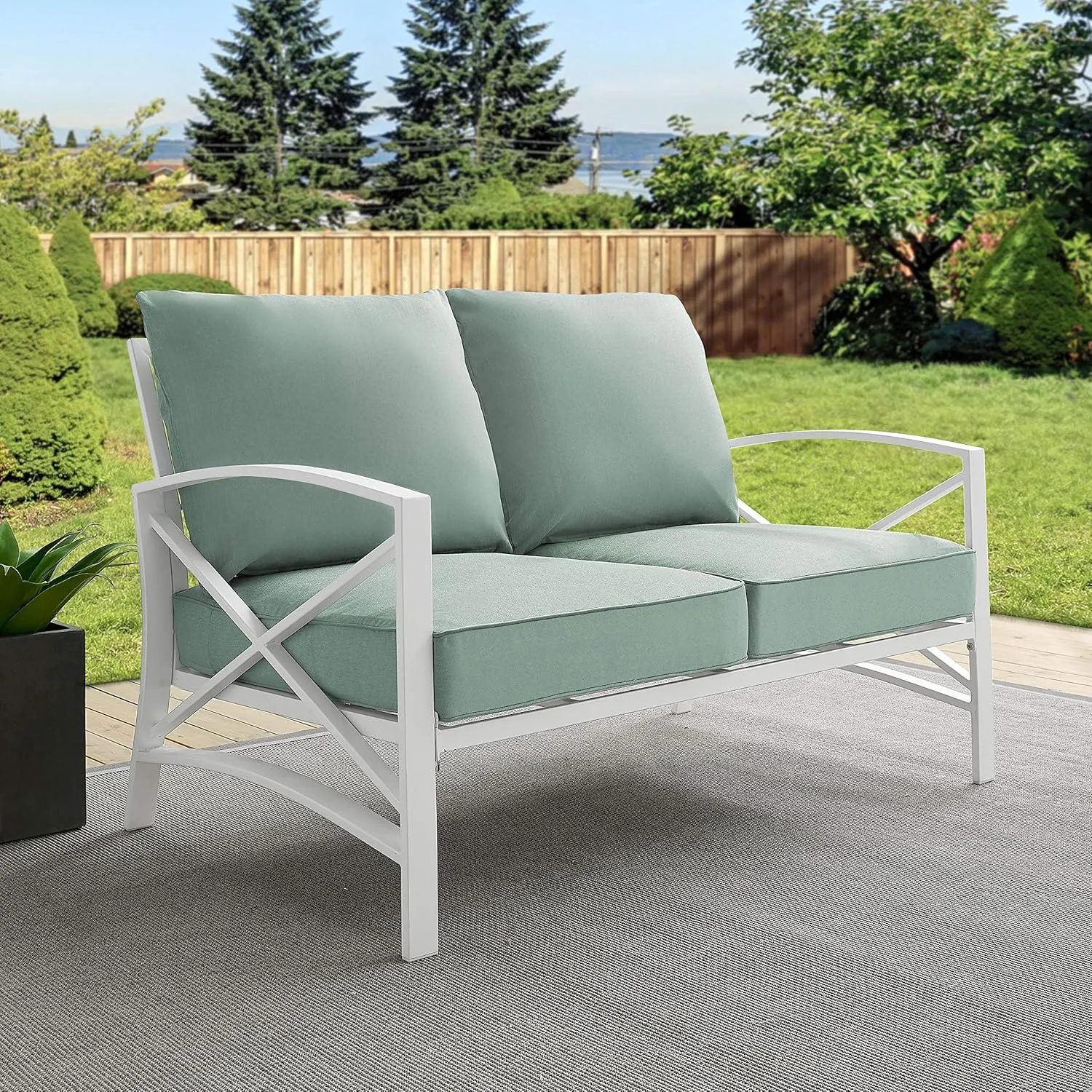 Crosley Furniture Kaplan Outdoor Loveseat, 2-Person Patio Couch for Porch, Deck, Backyard, Balcony, White with Mist Cushions