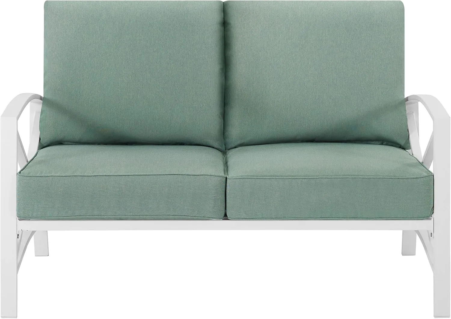 Crosley Furniture Kaplan Outdoor Loveseat, 2-Person Patio Couch for Porch, Deck, Backyard, Balcony, White with Mist Cushions