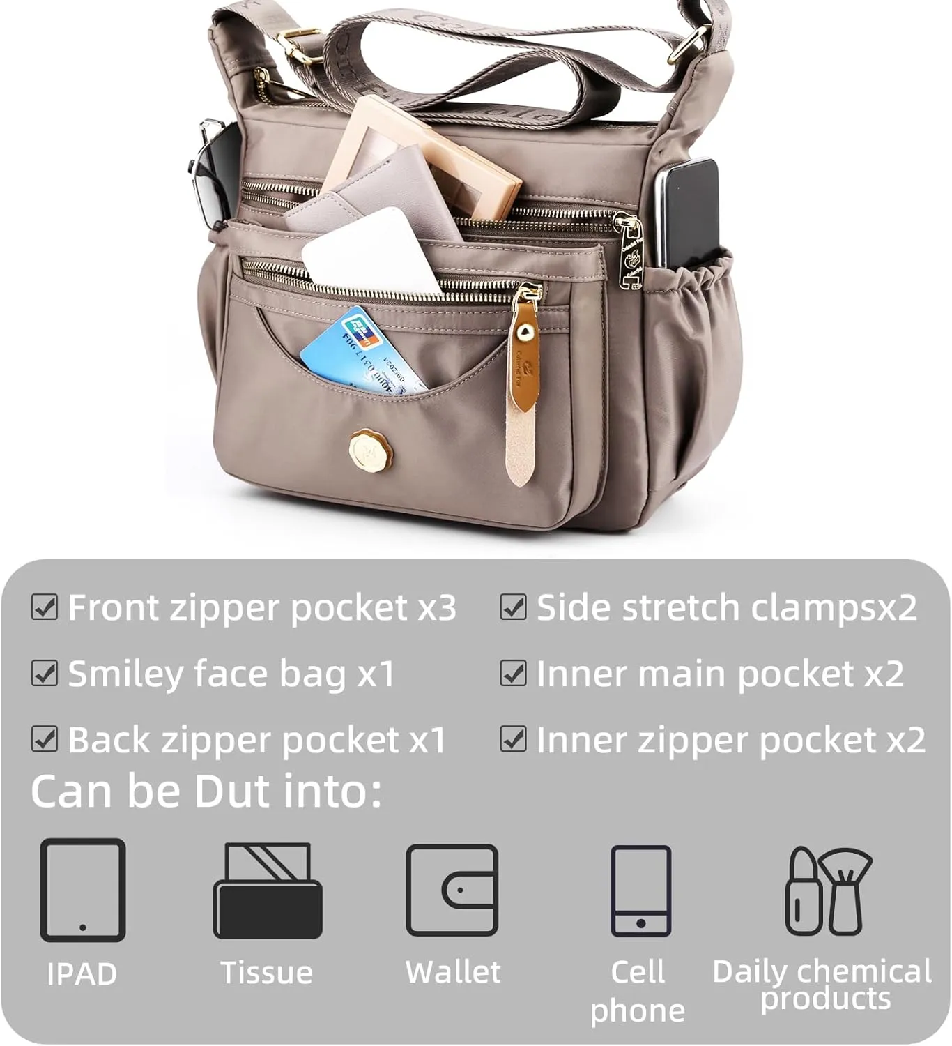 Crossbody Bag for Women, high density Nylon Shoulder Messenger Bag Trendy Pocketbooks, Waterproof and Multi-Pockets