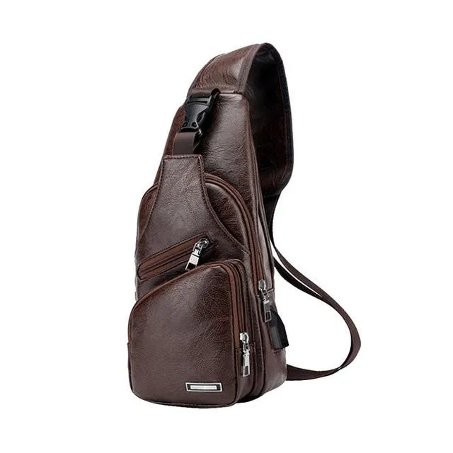 Crossbody Bag, Men Zipper Solid Waist Bag, Leather Shoulder Bag, USB Handbag
