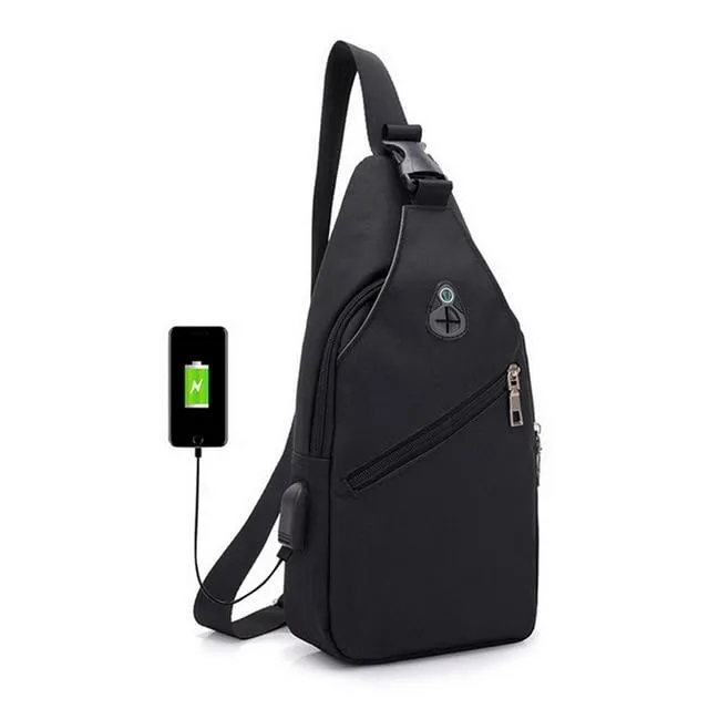 Crossbody Bag, Men Zipper Solid Waist Bag, Leather Shoulder Bag, USB Handbag
