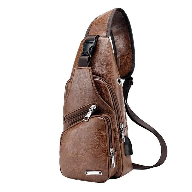 Crossbody Bag, Men Zipper Solid Waist Bag, Leather Shoulder Bag, USB Handbag