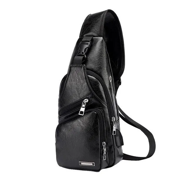 Crossbody Bag, Men Zipper Solid Waist Bag, Leather Shoulder Bag, USB Handbag
