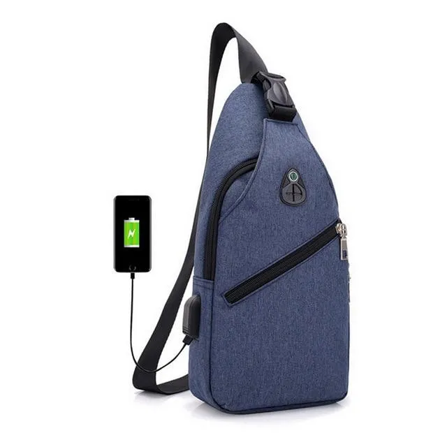 Crossbody Bag, Men Zipper Solid Waist Bag, Leather Shoulder Bag, USB Handbag