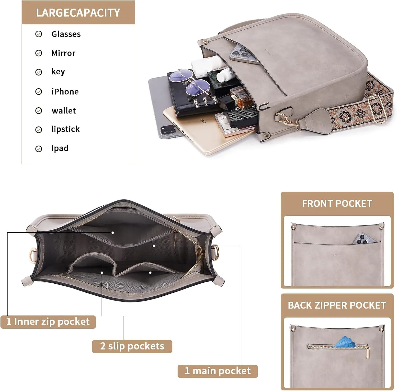 Crossbody Bag Women Vegan Leather Hobo Handbag Trendy Crossbody Shoulder Bag Purses For Women with 2 Adjustable Strap