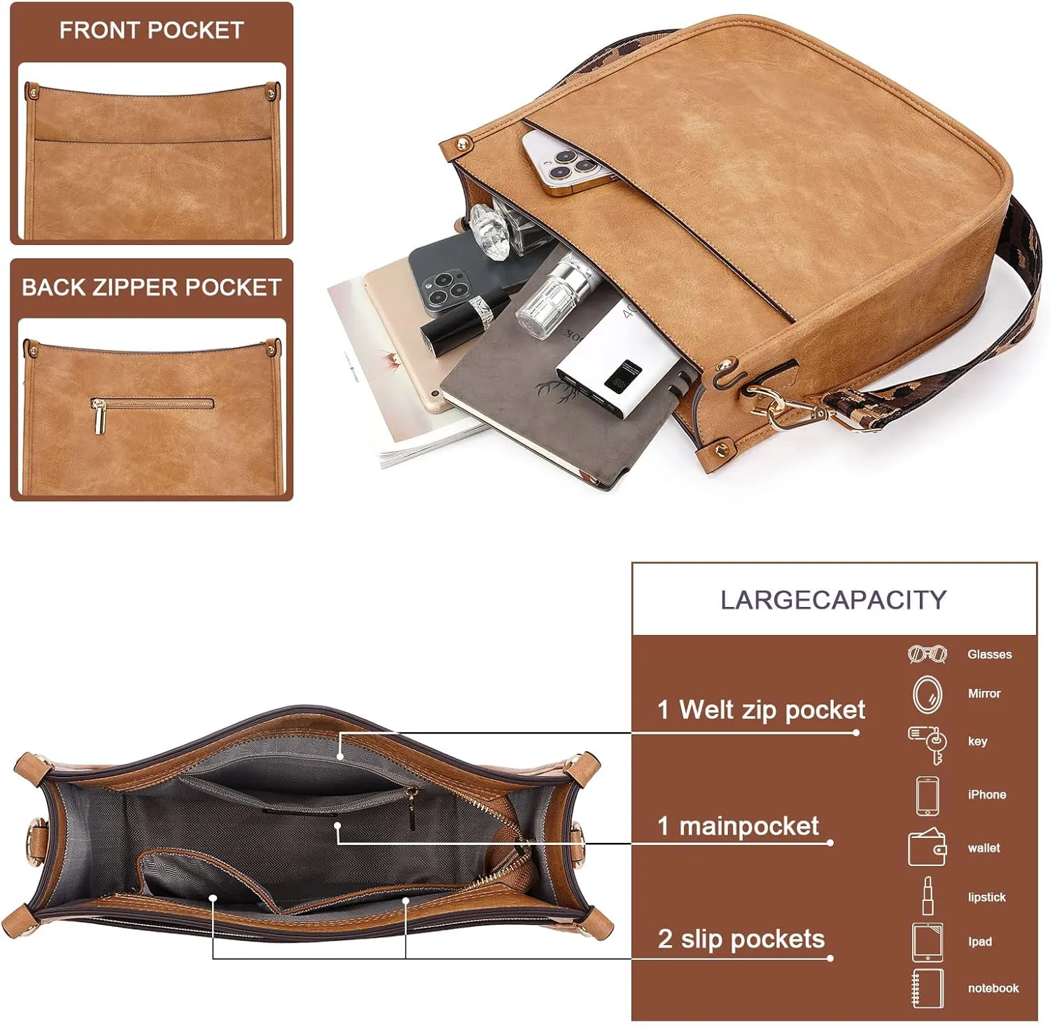Crossbody Bag Women Vegan Leather Hobo Handbag Trendy Crossbody Shoulder Bag Purses For Women with 2 Adjustable Strap