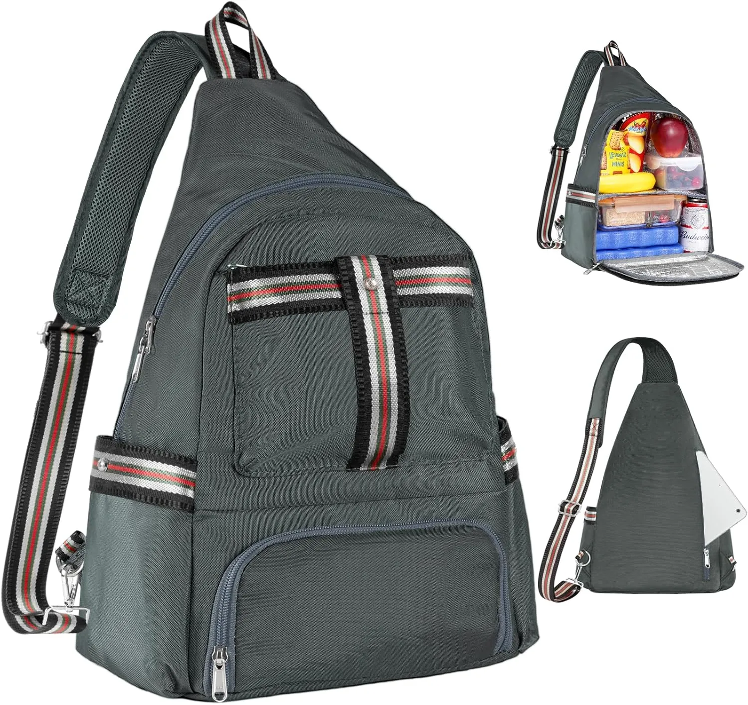 Crossbody Lunch Backpack, Double Deck Insulated Lunch Box for Men Women Adult, Leakproof Lunchbox with Side Pokets for iPad, Large Cooler Bag for Work Office Hiking Beach Picnic, Grey-Pro