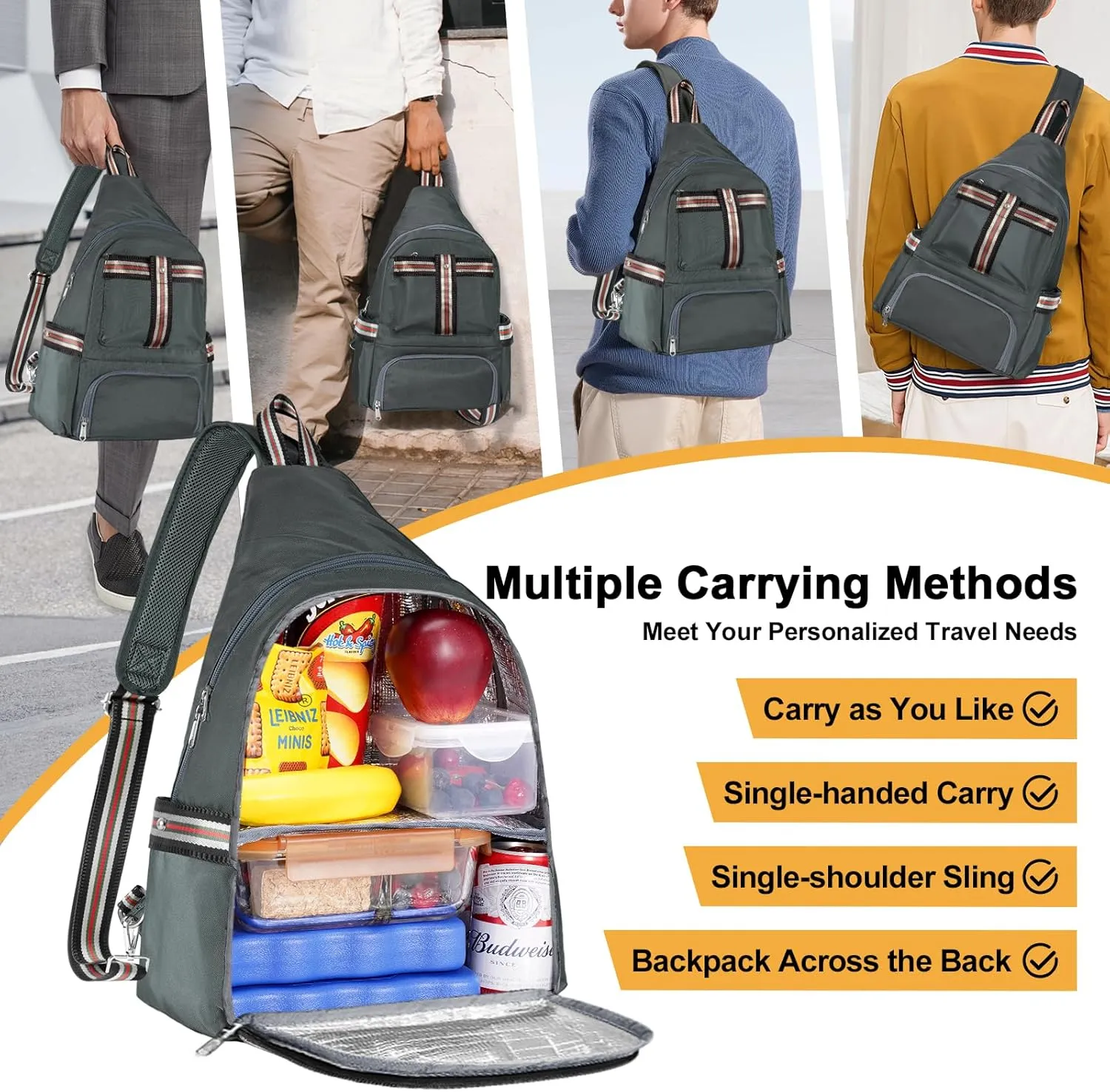 Crossbody Lunch Backpack, Double Deck Insulated Lunch Box for Men Women Adult, Leakproof Lunchbox with Side Pokets for iPad, Large Cooler Bag for Work Office Hiking Beach Picnic, Grey-Pro